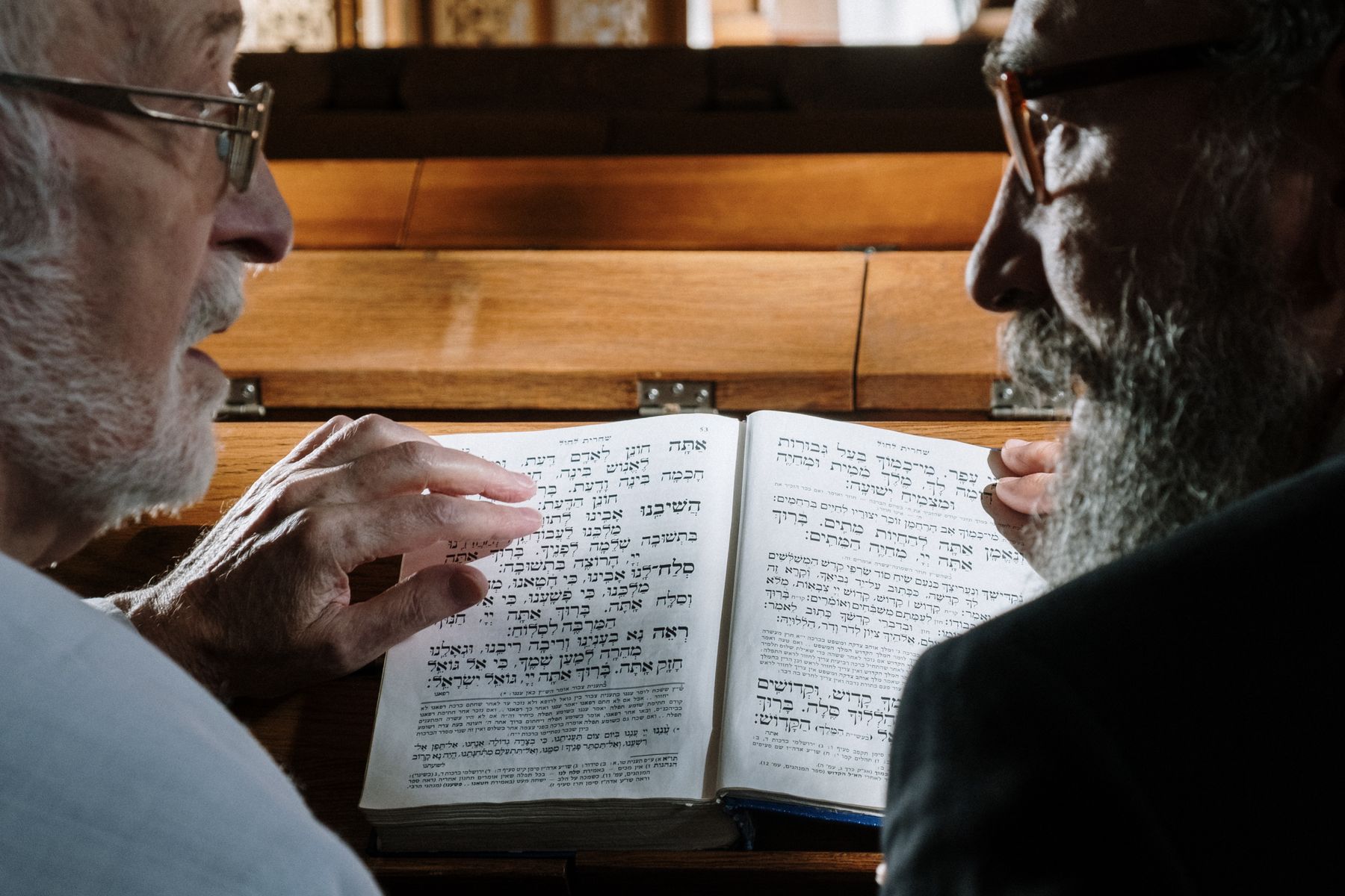 Two people learning together from a Hebrew text
