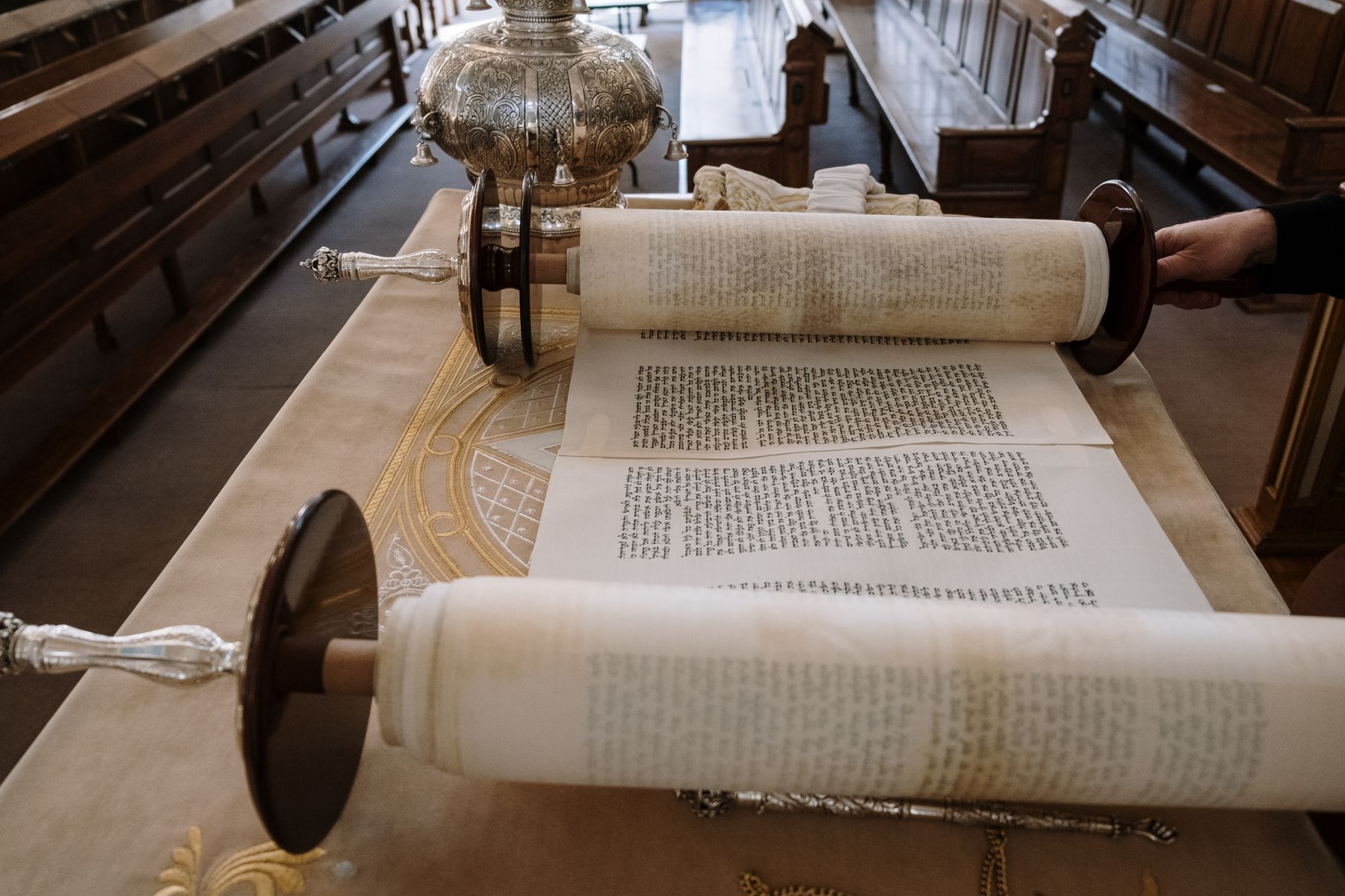 An open Torah scroll prepared for reading